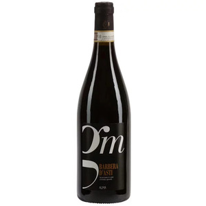 Eine Flasche Barbera d'Asti Wein mit schwarzem Etikett und silberner Schrift.