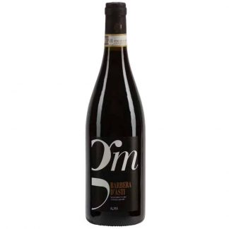 Eine Flasche Barbera d'Asti Wein mit schwarzem Etikett und silberner Schrift.