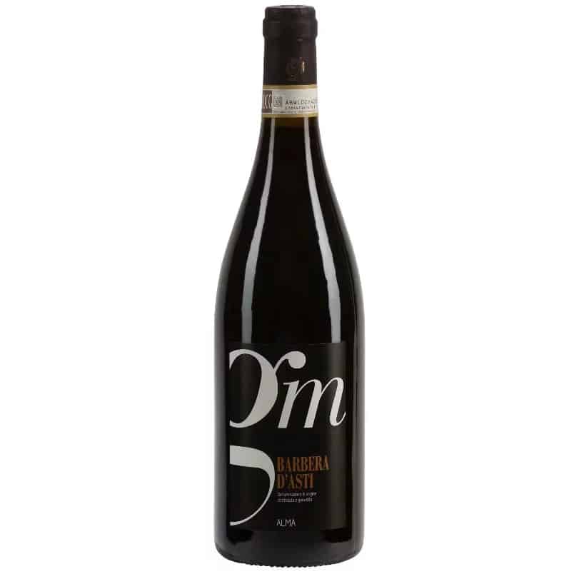 Eine Flasche Barbera d'Asti Wein mit schwarzem Etikett und silberner Schrift.